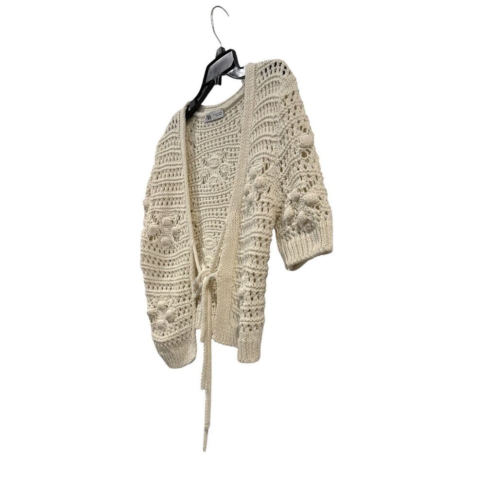 NEW W/O Tags Zara Crochet Cream Short Sleeve Tie Front Cardigan Sweater Small - Picture 2 of 9